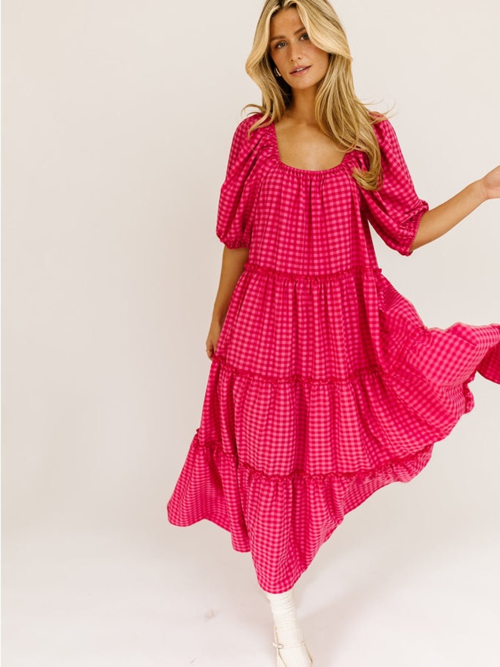 Shop ZOCO Women's Pink Gingham Tiered Daymaker Maxi Dress